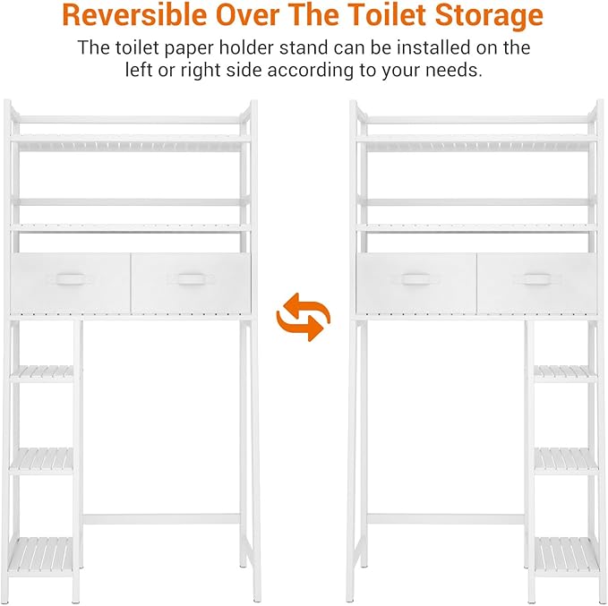Homykic Over The Toilet Storage Shelf with 2 Fabric Drawers, Bamboo Above Toilet Organizer Tower Rack with Toilet Paper Holder Stand, Bathroom Space Saver, Mass Storage, No Rust, White