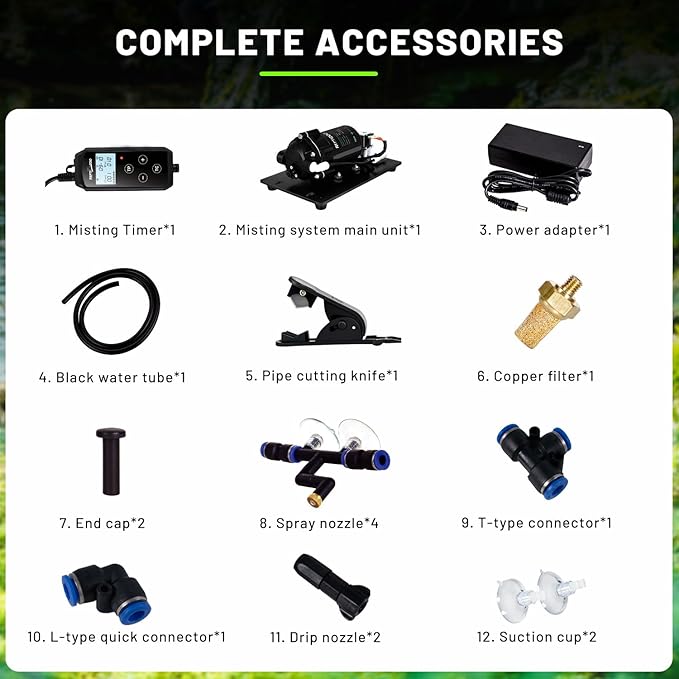 REPTI ZOO Misting System with Timer, Reptile humidifier with 4 Spray Nozzles & 2 Drip Nozzles, Low Noise Self-Priming Pump, Mister System for Reptile Amphibians Habitat, Botanical Gardens