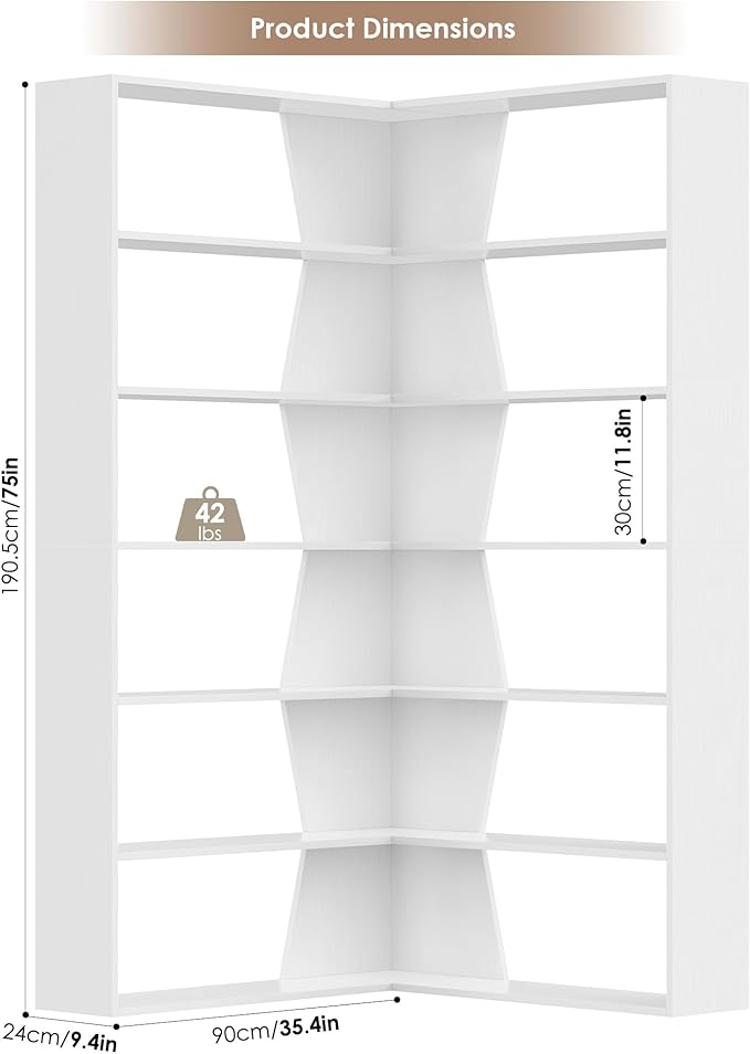 75" Corner Bookshelf, 6-Tier Modern Bookshelf and Bookcase, Tall Bookcase Open Display Storage, L Shaped Corner Shelf for Library, Living Room, Home Office, White