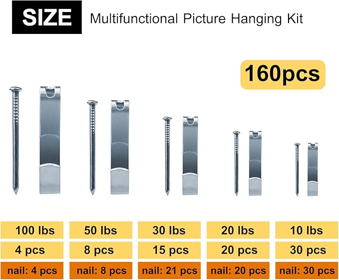 Picture Hangers, 160pcs Picture Hooks with Nails , 10-100lbs Picture Frame Hangers, Professional Picture Hanging kit on Wooden Wall / Drywall for Pictures, Canvas, Mirror, Holds 10-100 lbs（Silver）