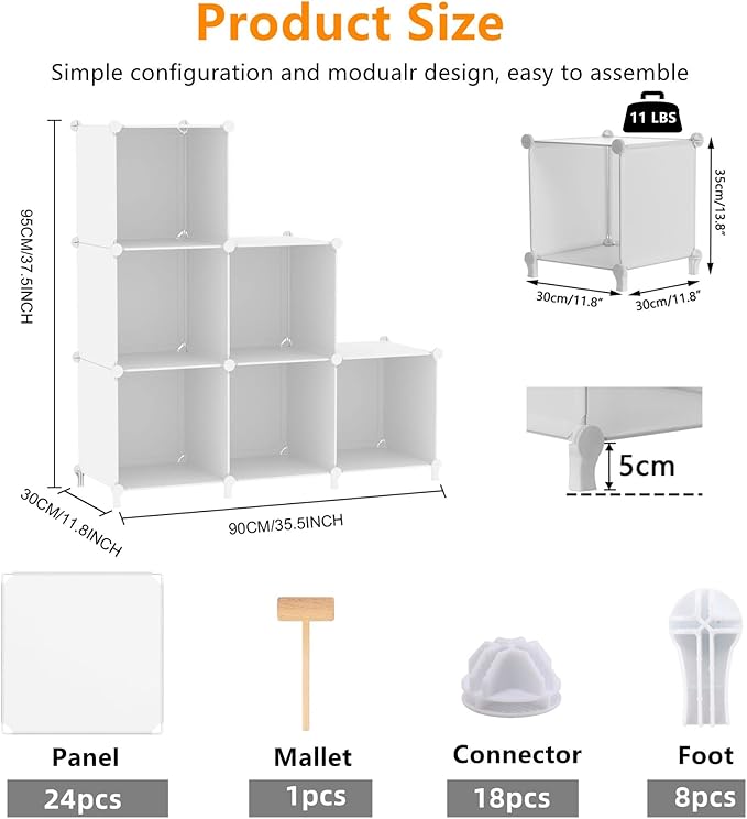 AWTATOS Cube Storage Organizer, Storage Cubes Shelves Bookshelf, 6 Cube Closet Organizers and Storage, DIY Stackable Plastic Clothes Organizer Shelving for Bedroom, Home, White