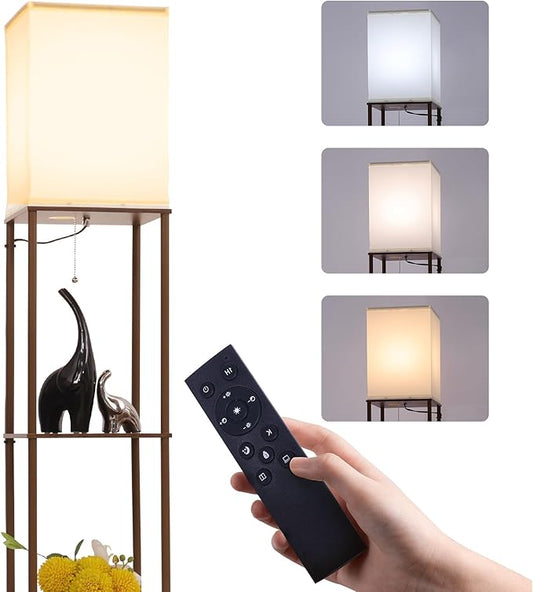 Floor Lamp with Shelves, Modern Square Standing Lamp with 3-Color Remote Control Dimming Bulb, Corner Display Bookshelf Lamp for Living Room, Bedroom and Office (brown-9YK)