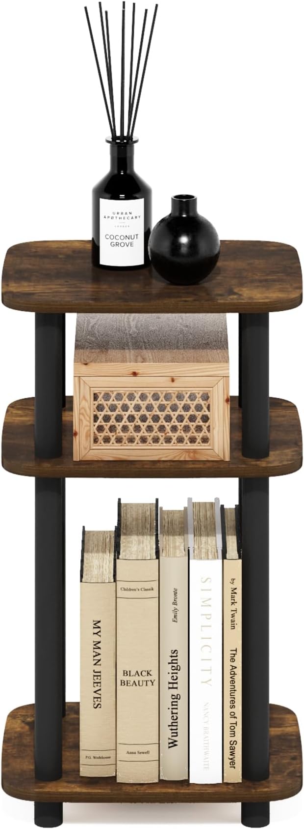 Furinno Just 3-Tier Turn-N-Tube Curve End Table, Side Table, 1-Pack, Amber Pine/Black