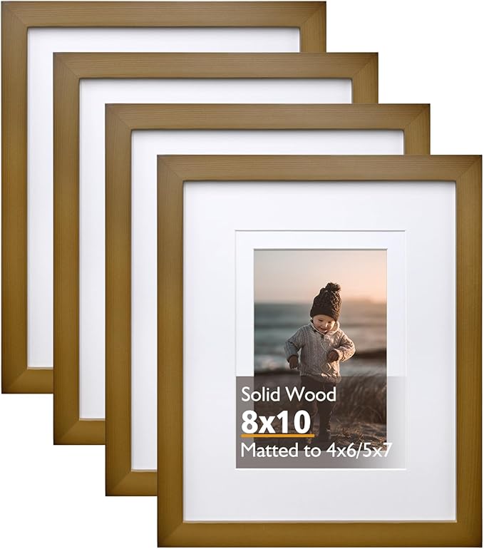 KINLINK 8x10 Picture Frame Brown, Solid Wood Frames with Acrylic Plexiglass for Pictures 4x6/5x7 with Mat or 8x10 without Mat, Tabletop and Wall Display Photo Frame, Set of 4