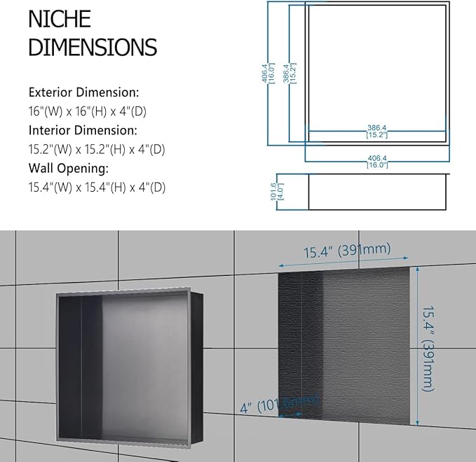 16 x16 Gunmetal Black Bathroom Shower Niche, Luckyhorse 16"x16"x4" Wall-Inserted Rectangular Recessed Bathroom Niche Recessed Shower Niche Shelf for Bathroom Storage