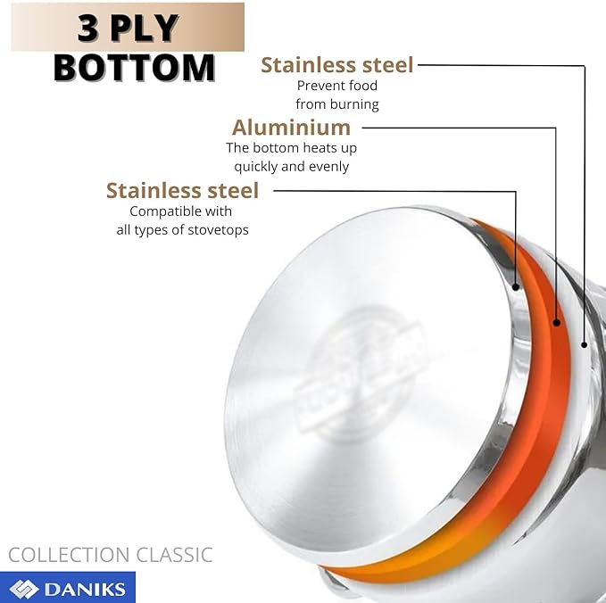 Daniks Classic Stainless Steel Stock Pot with Glass Lid – Induction 4 Quart, Dishwasher Safe, Measuring Scale, For Soup, Pasta, Stew, Silver