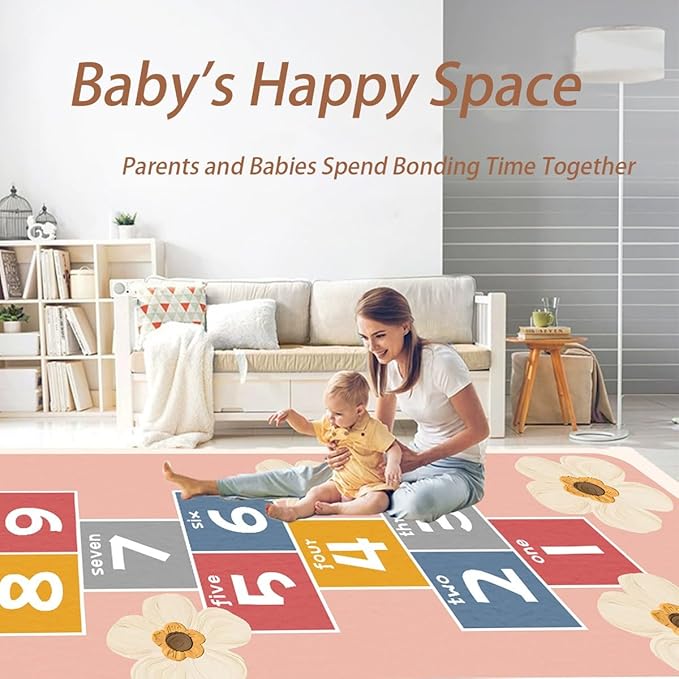 Hopscotch Rug for Kids - Non-Slip Indoor Play Mat for Boys & Girls 0-12, Classroom Rug for Kindergarten, Bedroom, Playroom(Pink, 2.6×4ft)