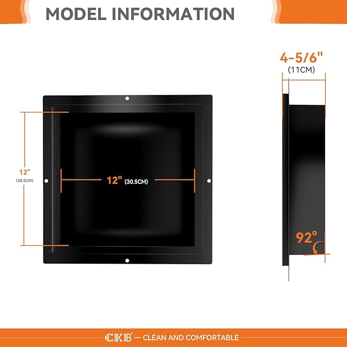 CKB Shower Niche Stainless Steel, 12 Inch x 12 Inch x 4 Inch Depth, Recessed Shower Shelf with Matte Black