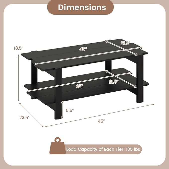 Giantex Coffee Table with Storage, 45 Inch Modern Center Table with Slatted Design & Side Rail Support, Rectangular Living Room Table for Small Spaces, Black