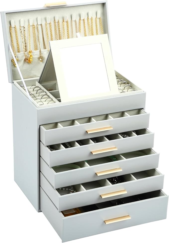 BOOVO Jewelry Box with Necklace Hanger – 6 layer Jewelry Organizer for Women with 5 Drawers, Large Jewelry Storage Boxes –Jewelry Organizers and Storage for Earrings, Necklaces (Grey, 6 layer)