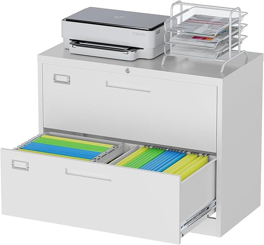 Lateral Filing Cabinet,2 Drawer File Cabinet with Lock,Office Lateral File Cabinets for Legal/Letter A4 Size,Require Assembly, White