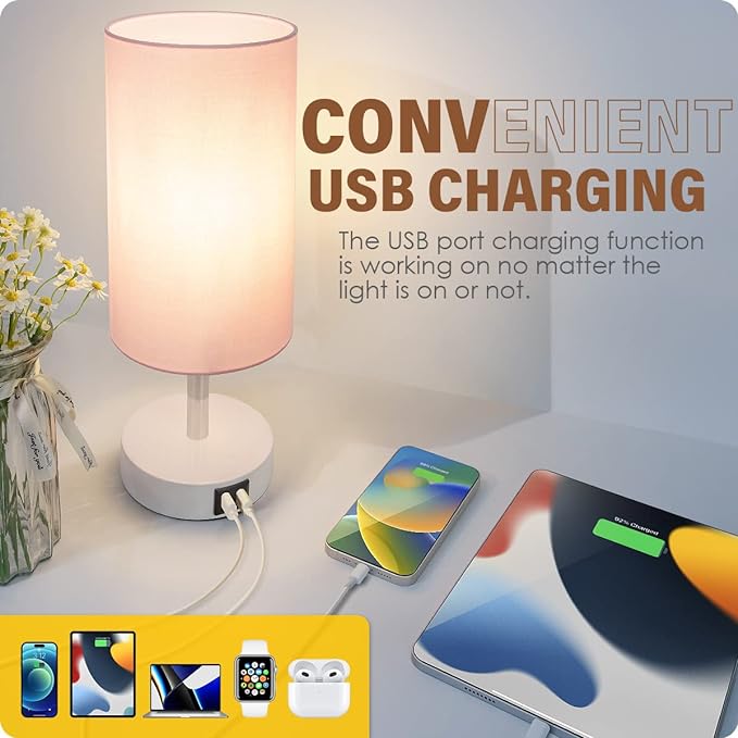 Yarra-Decor Desk Lamp with USB Port, Touch Control Desk Lamp with 3 Levels Brightness, Bedside Table Lamp with Round Pink Shade for Bedroom, Living Room, Dorm, Home Office