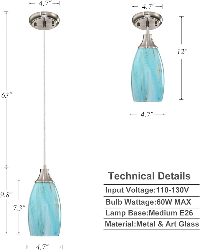 Mini Pendant Light,Handcrafted Art Glass Pendant Lighting Shade with Brushed Nickel Finished Teal Glass Ceiling Hanging lamp Adjustable Cord for Kitchen Island,Hallway,Dining Room