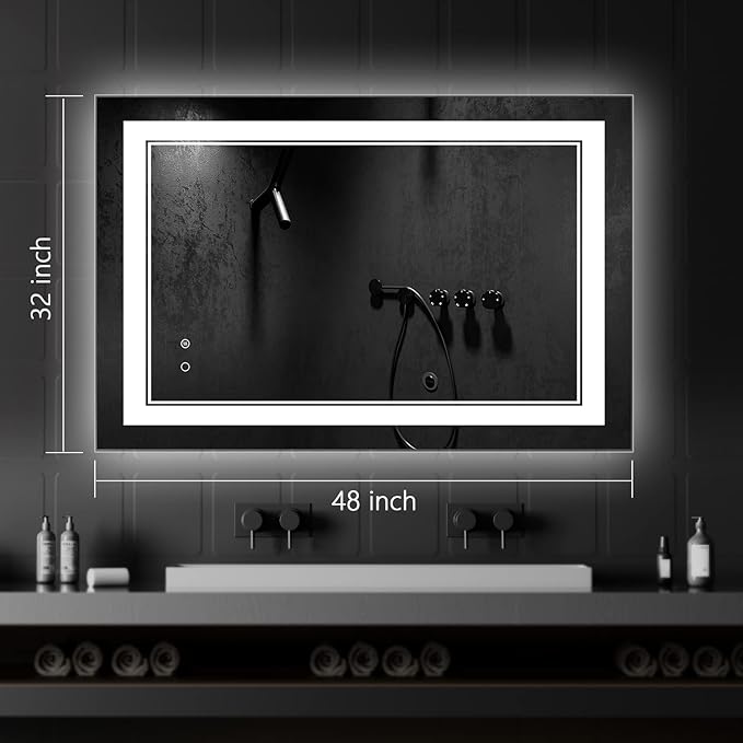 LED Bathroom Mirror,48"X32" Lighted Mirror for Bathroom Wall,Lighted Bathroom Vanity Mirror,LED Mirror Anti-Fog Dimmable Adjustable Lighted Bathroom Mirror