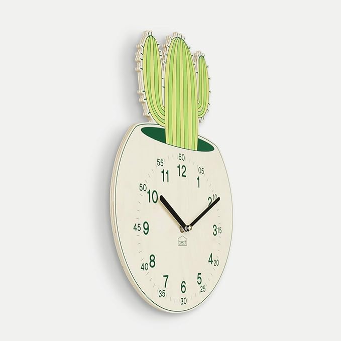 Silent 11-Inch Wall Clock for Indoor, Office, Home, Baby Room - Non-Ticking, Decorative, Modern, Kid-Friendly, Cactus (Green Cactus)