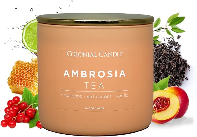 Colonial Candle Ambrosia Tea Scented Jar Candle, Pop of Color Collection, 3 Wick, 14.5 oz - Up to 60 Hours Burn