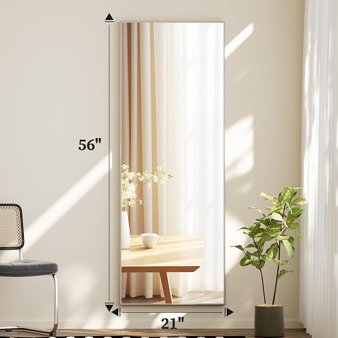 BEAUTYPEAK Full Length Mirror with Stand, 56"x21" Floor Mirror with Aluminum Alloy Thin Frame, ShatterVue Tempered Full Body Mirrors, Free Standing or Wall-Mounted Mirrors for Living Room, Silver