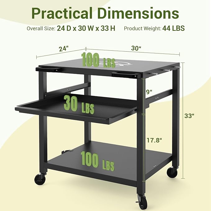 NUUK Outdoor Grill Prep Table 24"x30" Metal Grill Cart Outside 3-Layer Pizza Oven Table Movable with Universal Wheels for BBQ Backyard Patio