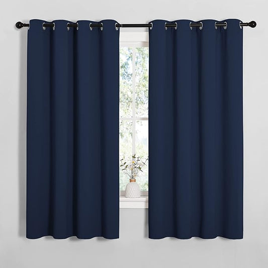 NICETOWN Blackout Curtain Panels for Bedroom, Navy, 2 Panels, W55 x L57-inch, Grey, Thermal Insulated Grommet Top Blackout Draperies and Drapes for Basement