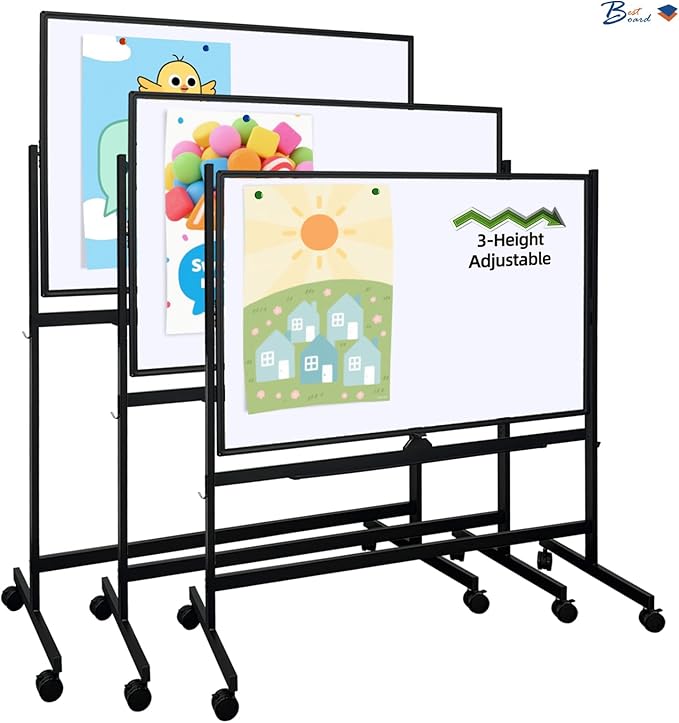 Large Rolling Whiteboard on Wheels, 48" x 32" Height Adjust 360° Double-Sided Mobile White Board with Stand,Portable Standing Magnetic Dry Erase Board Easel for Home Office Classroom