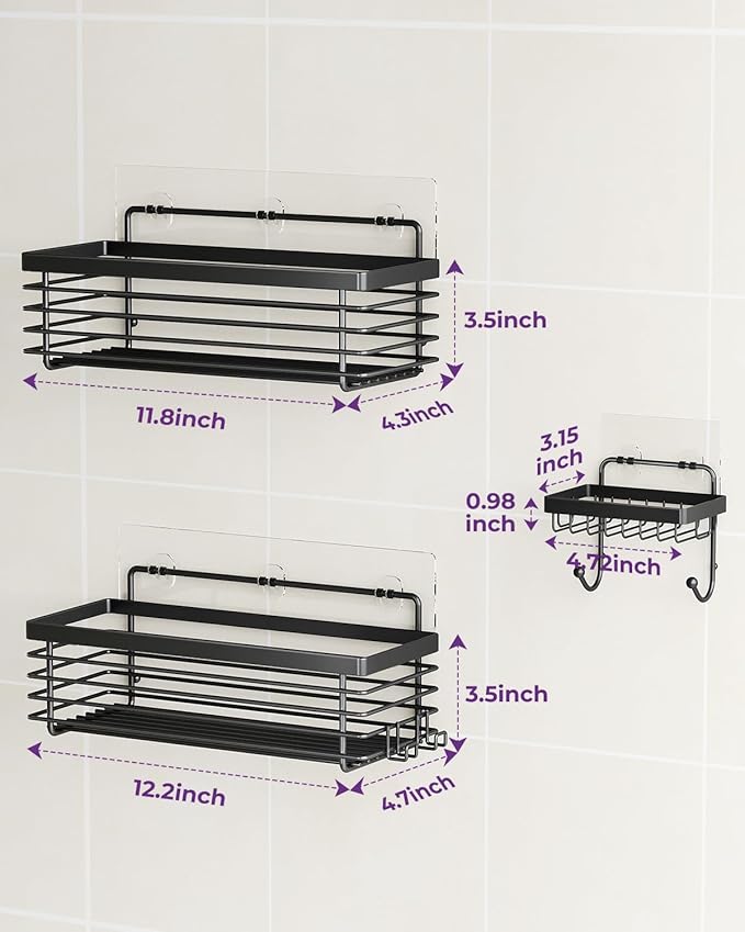 ODesign Shower Caddy 3 Pack SUS304 Stainless Steel-No Drilling-Shower Bathroom Shelves Rack,Rustproof Wall Mounted,Adhesive Shower Shelf Basket Organizer-Black