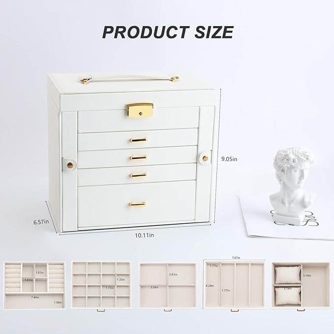 Jewelry Holder Organizer, Large Jewelry Boxes for Women, 5 Layers 4 Drawers Jewelry Box with Handle Jewelry Organizer for Earrings Rings Necklaces Bracelets, White