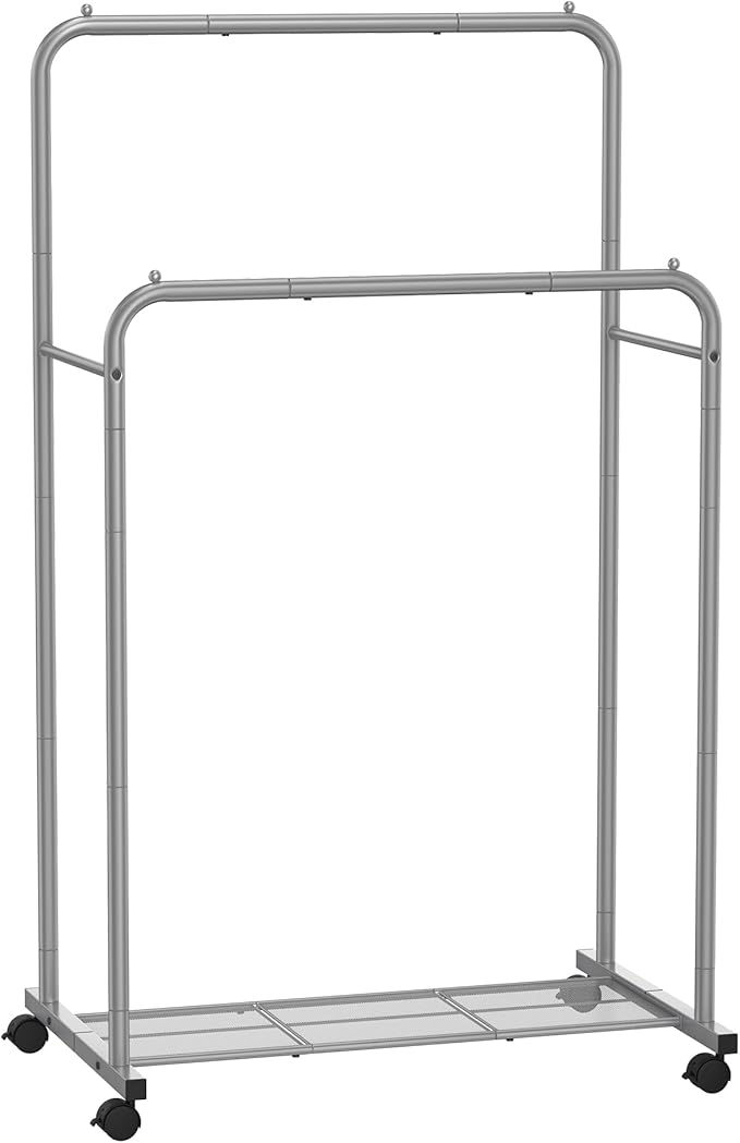 SONGMICS Double Rods Clothes Rack with Wheels, Clothing Rack for Hanging Clothes, Heavy Duty Garment Rack with Mesh Storage Shelf, 2 Brakes, Each Top Rail Holds up to 77 lb, Gery UHSR026G01