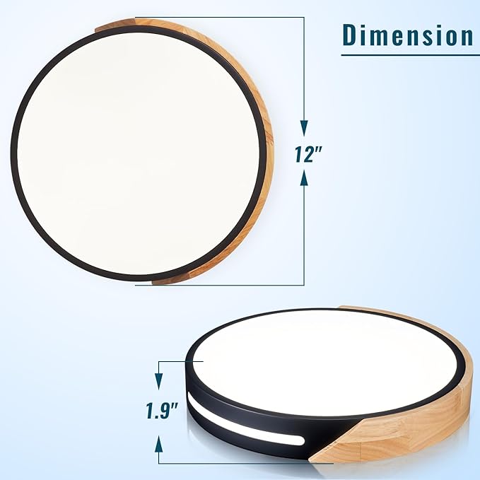 Black and Wood Flush Mount Ceiling Light Fixture 12 inch, Dimmable LED Flush Mount Black, Modern Light Fixture Ceiling Mount for Bedroom, Living Room, Kitchen, Bathroom, Hallway