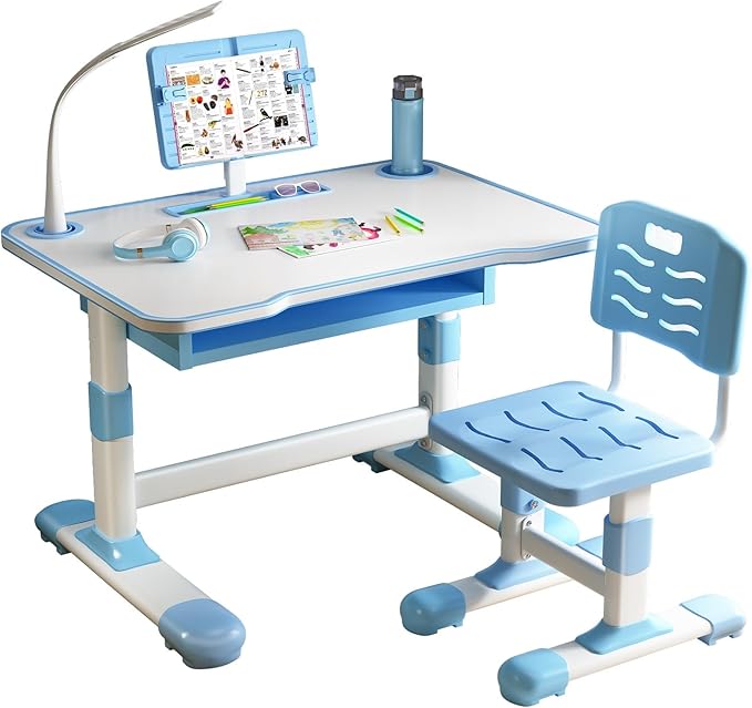 Study Desk Chair Set for Kids, Blue, Modern, Height Adjustable, Tiltable Reading Stand, Extra Large Drawer, LED Table Light