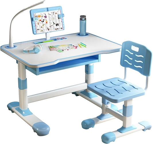 Study Desk Chair Set for Kids, Blue, Modern, Height Adjustable, Tiltable Reading Stand, Extra Large Drawer, LED Table Light