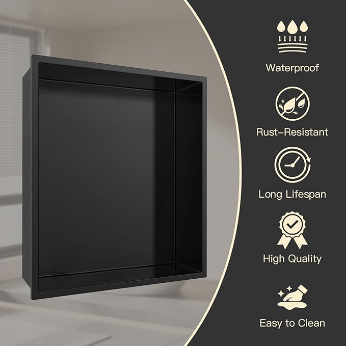 12" X 14" Stainless Steel Shower Niche Insert Tile Ready, Niche for Shower Wall, Recessed Shelf No Tile Needed for Bathroom Storage, Matte Black