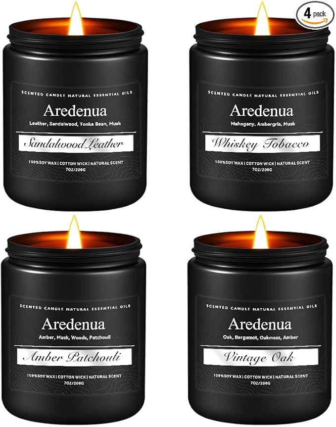 Mens Candle Set – Manly Candles for Men, 4 Pack Soy Candles for Home Scented, Masculine Candle Gift Set - Includes Sandalwood Leather, Whiskey Tobacco, Amber Patchouli & Vintage Oak