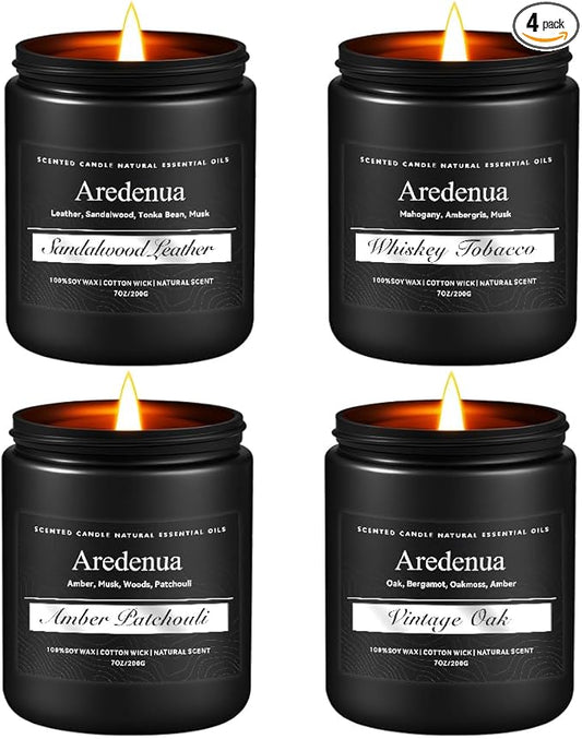 Mens Candle Set – Manly Candles for Men, 4 Pack Soy Candles for Home Scented, Masculine Candle Gift Set - Includes Sandalwood Leather, Whiskey Tobacco, Amber Patchouli & Vintage Oak