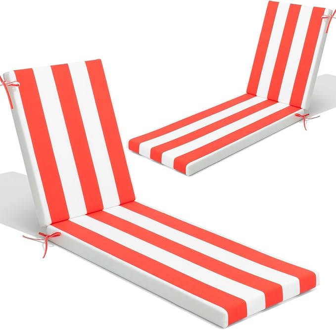 Crestlive Products Chaise Lounge Cushions Set of 2, Outdoor Cushions for Patio Furniture, Water Resistant Lounge Chair Cushion for Pool, Deck, Lawn, 72''L x 21''W, Red White Stripe