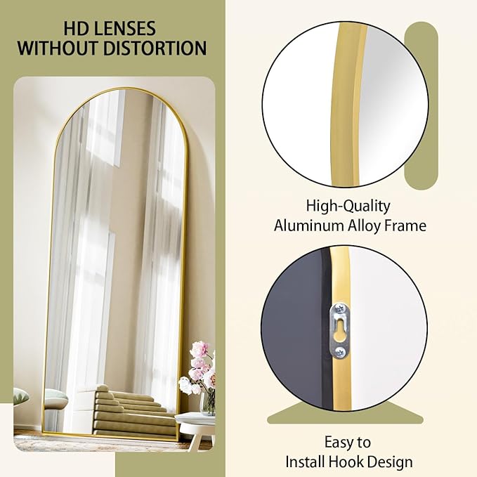 BEAUTYPEAK 71"x26" Arch Full Length Mirror, Full Body Floor Mirror with Stand Hanging or Leaning, Aluminum Alloy Frame Wall Mirrors for Bedroom, Dressing Room, Gold