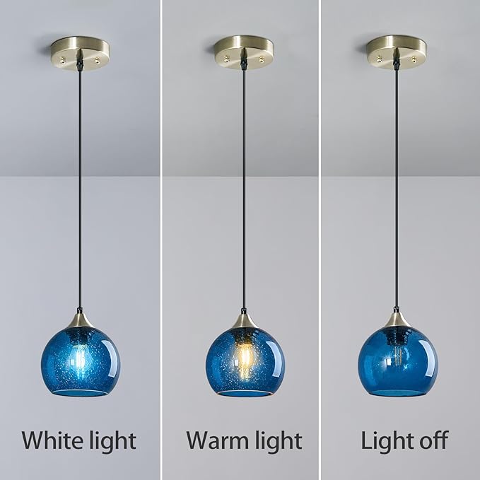 Blue Glass Pendant Lights Kitchen Island Lighting Globe Pendant Light Fixtures Modern Pendant Lighting for Kitchen Island Bedroom Living Dining Room Light Fixture(5.9in, 3-Pack)