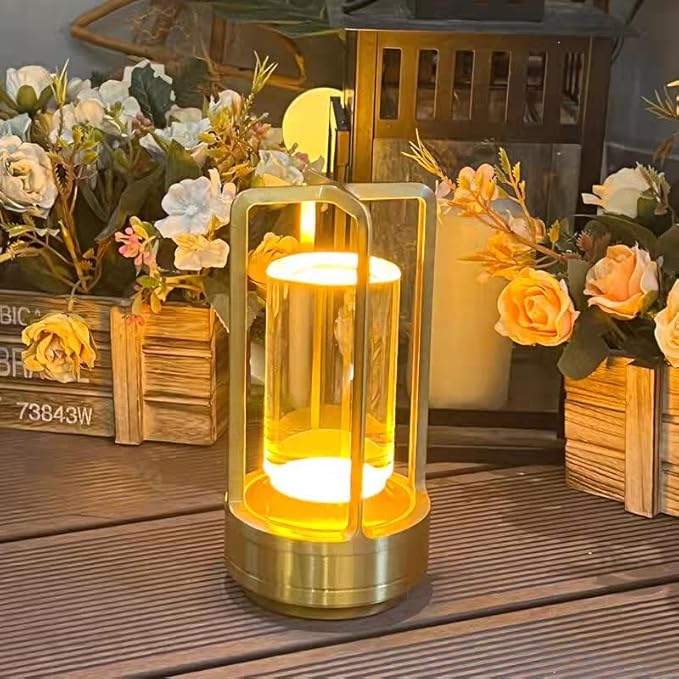 Portable Cordless Table Lamp, 4000mAh Lumisom Klarako Crystal Lantern, Rechargeable Metal Table Lamp, 3 Colors Stepless Dimming Touch, Table Light for Restaurant/Bedroom/Bars/Outdoor Party/Camping