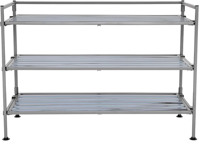 Seville Classics Sturdy Freestanding Storage Shelf for Bedroom, Closet, Entryway, Dorm Room Organizer Stackable Durable Metal Shoe Rack Silver Mist Slat, 3-Tier