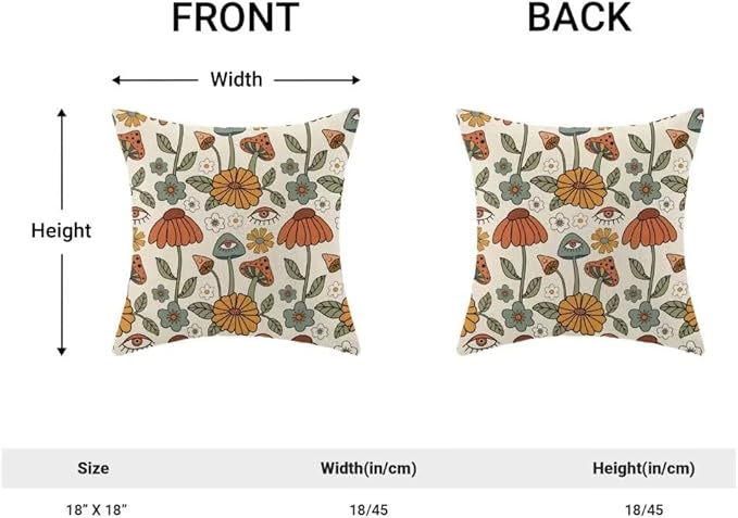 BETGINY Boho Throw Pillow Covers 18x18 Set of 2, Yellow Orange Fun Cute Mushrooms Retro Decorative Outdoor Pillow Covers 70s Vintage Floral Linen Farmhouse for Couch Sofa Summer Home Decor