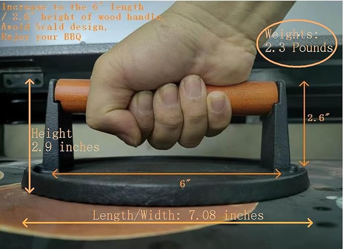 Cast Iron Grill Presses with Wood Handle (Round & Rectangle w Flat Bottom)