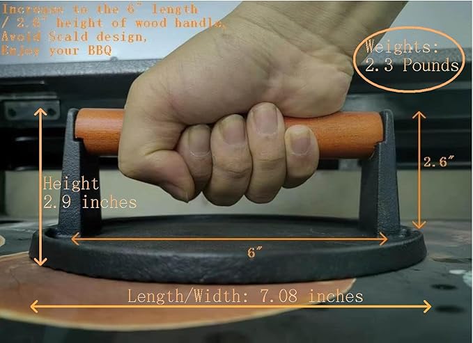 Burger Press 7.08" Round,Heavy-Duty Cast Iron Smash Burger Press Meat Steak With Wood Handle for Blackstone Camp chef Pitboss Weber Griddle Grills(Round)