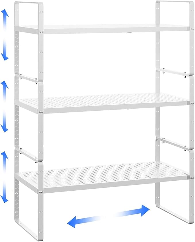 Expandable Kitchen Cabinet Shelf Organizer Rack Heavy Duty Metal Spice Rack Stackable Kitchen Counter Storage Shelf for Kitchen Cabinet Pantry Bathroom (White - 16.5"-27" L x 10.2" W x 9.6" H - 3Pack)