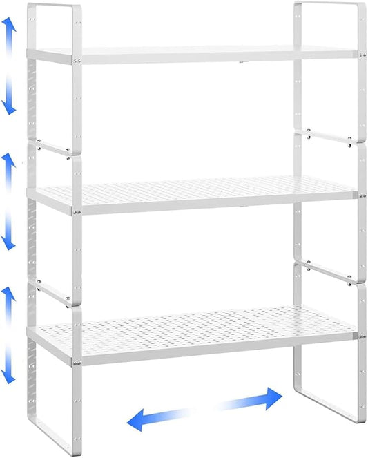 Expandable Kitchen Cabinet Shelf Organizer Rack Heavy Duty Metal Spice Rack Stackable Kitchen Counter Storage Shelf for Kitchen Cabinet Pantry Bathroom (White - 16.5"-27" L x 10.2" W x 9.6" H - 3Pack)