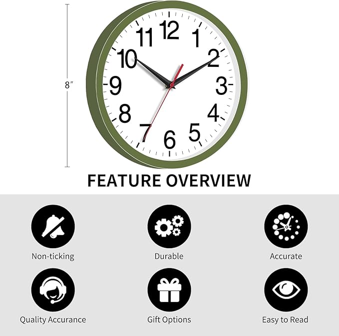 Wall Clock Modern 8 Inch Battery Operated Silent Non Ticking Small Analog Clock Decorative for Bedroom Kitchen Bathroom Office Home (Olive Green)