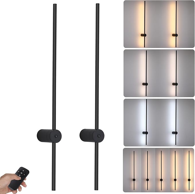 Battery Operated Wall Sconces Set of 2, Rechargeable 6000mAh Wireless Lights with Remote, 360° Rotation Dimmable 3000K-6000K, No Wiring Indoor Lamps for Bedroom Hallway Stairs 40 Inch Black