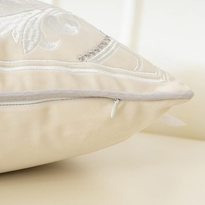 Aeckself European Luxury Velvet Lumbar Throw Pillow Cover 12 x 20 Inch, Embroidery Floral Pillow Cover Home Decor Oblong Pillowcase for Couch Bedroom Living Room, Off White