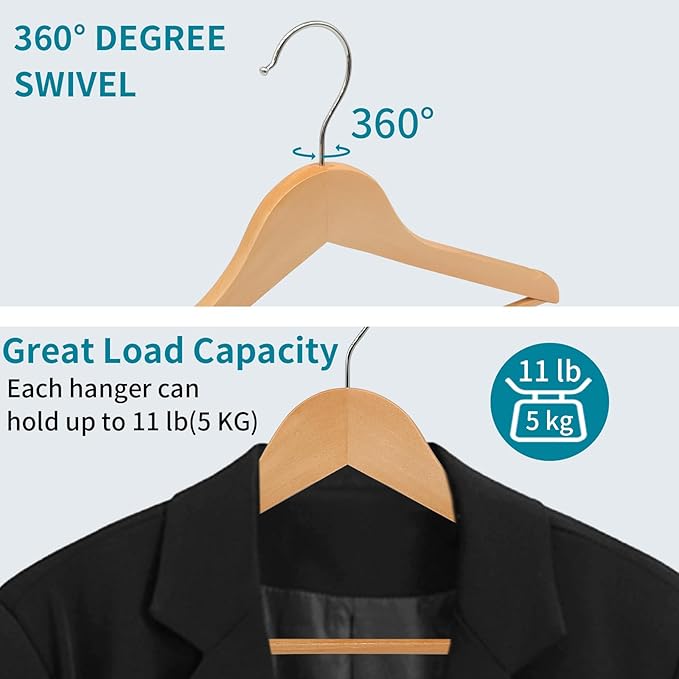 30 Pack Wooden Coat Hangers, 360° Swivel Hook, Suit Hangers with Anti-Slip Notches, Clothes Hangers for Jackets, Shirts, Dress, Natural UAWY0530N