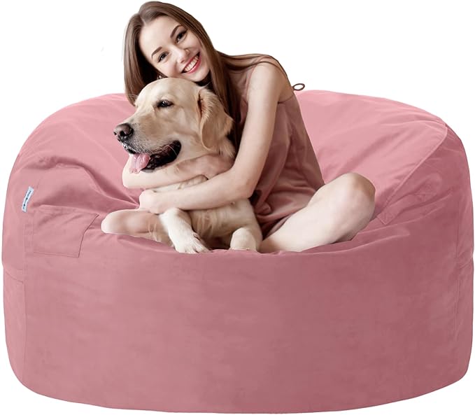 3FT Bean Bag Chair with Ultra Soft Velvet Cover Bean Bag Sofa with Memory Foam Bean Bag Chairs with Large Size Lazy Sofa for Dorm Office Living Room Bedroom Soft Pink 3'
