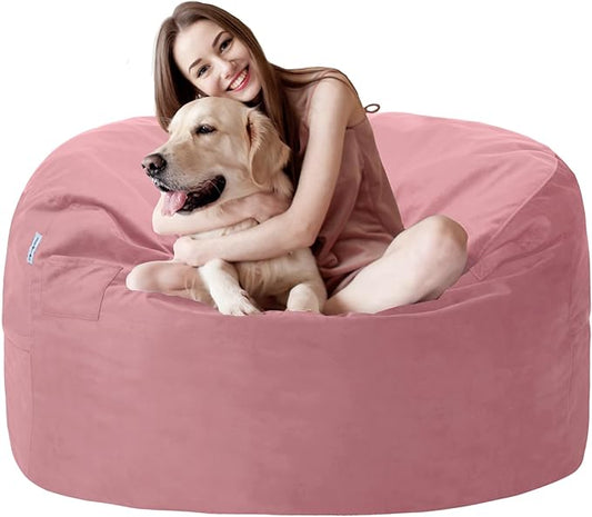 3FT Bean Bag Chair with Ultra Soft Velvet Cover Bean Bag Sofa with Memory Foam Bean Bag Chairs with Large Size Lazy Sofa for Dorm Office Living Room Bedroom Soft Pink 3'