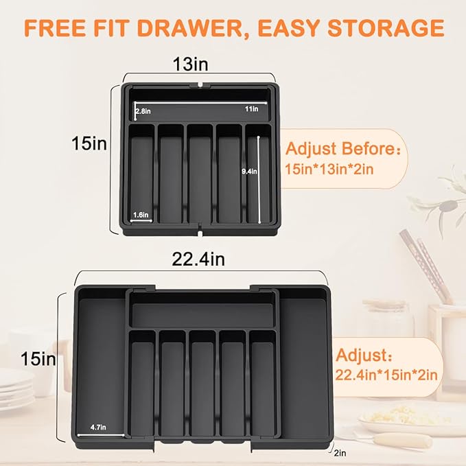 Silverware Drawer Organizer - Expandable Deep Utensil Organizer for Kitchen Drawers(Black)